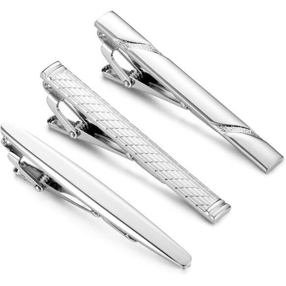 set of 3 silver tie clips stainless steel for men business wedding formal attire - Picture 7 of 7